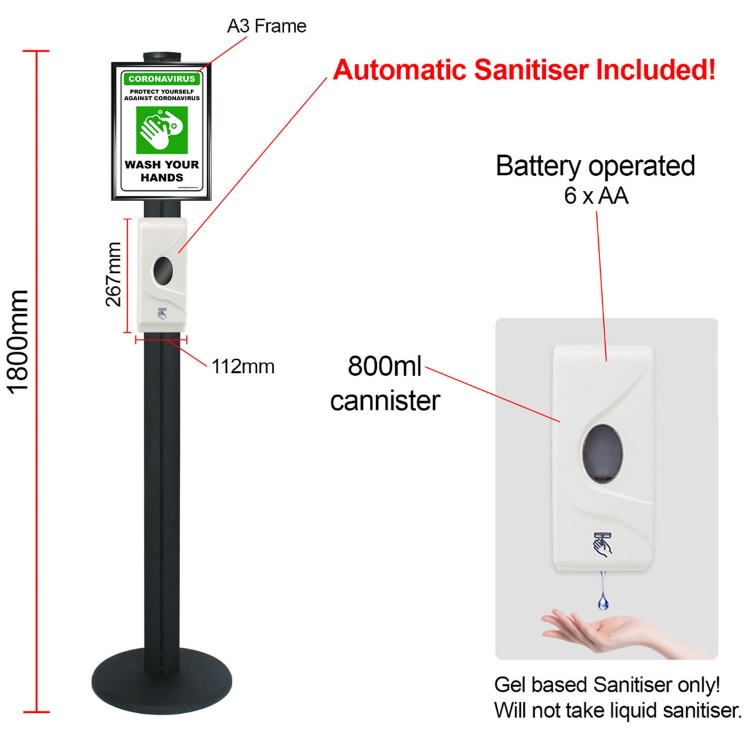 Hand Sanitiser Station Stand with Automatic Dispenser - 1800mm